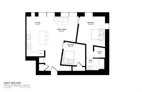 a floor plan of a unit with a bedroom and a living room